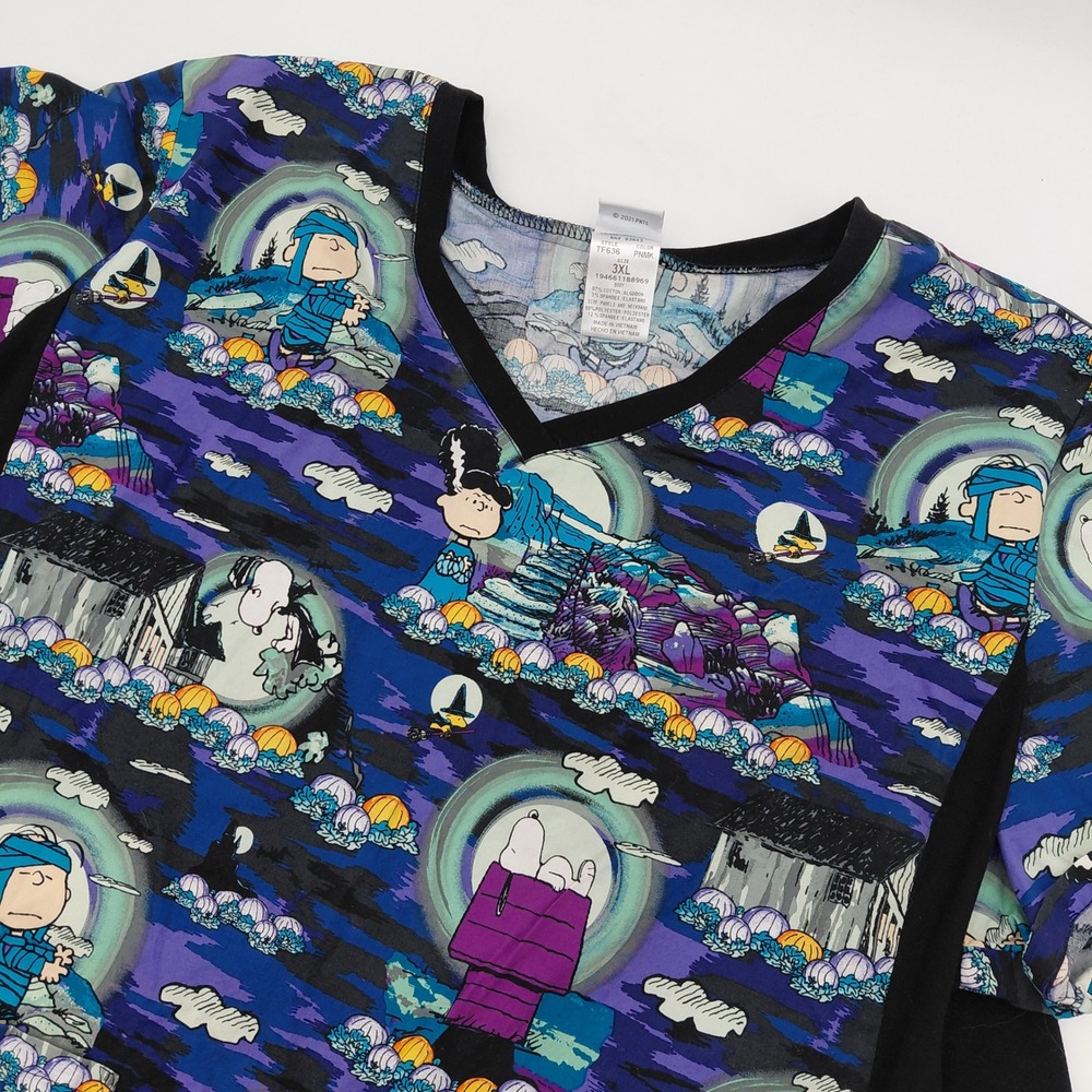Peanuts Halloween Snoopy Charlie Black Scrub Top 3XL V-Neck Purple XXXL Plus
